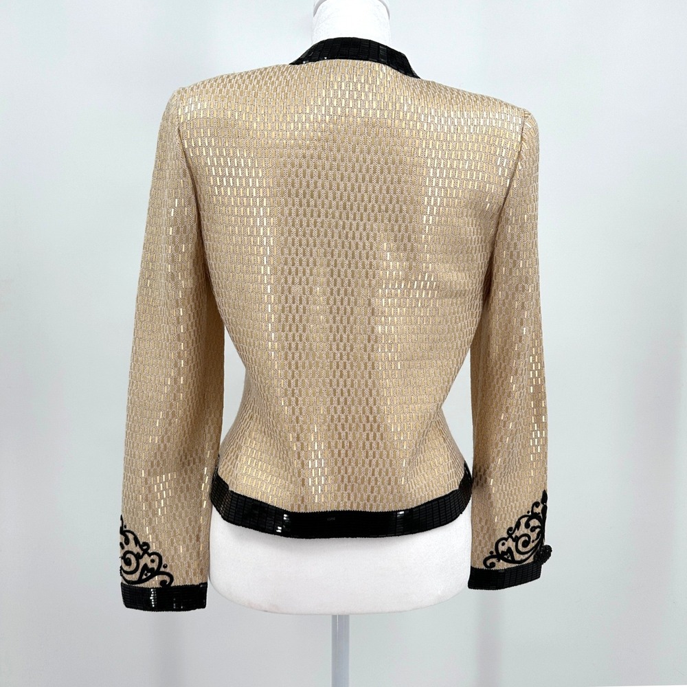 St John Evening Marie Gray Gold Black Knit Sequin Embroidered Jacket Beaded US 4 - Picture 7 of 13